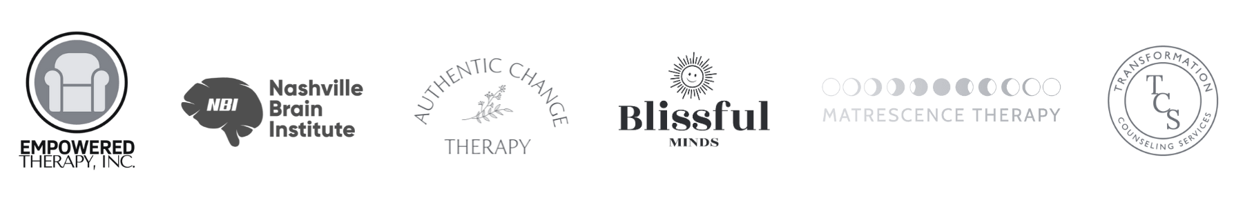 Logos of brands LMR works with: Empowered Therapy, Nashville Brain Institute, Authentic Change Therapy, Blissful Minds, Matrescence Therapy and Transformation Counseling Services