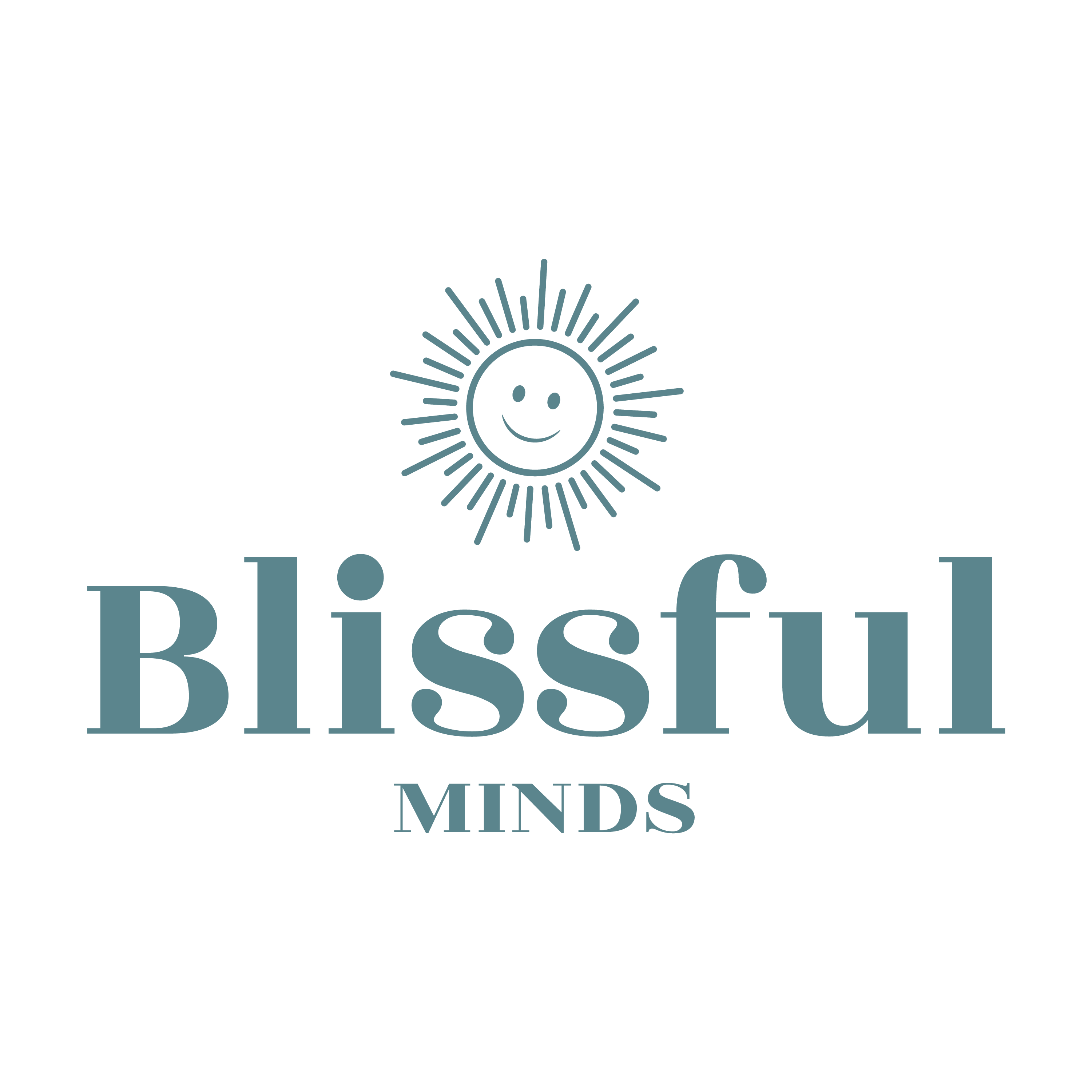 Blissful Minds logo in steel teal and arsenic, designed by LMR