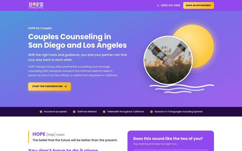 Hope Therapy Group couples counseling page after the redesign