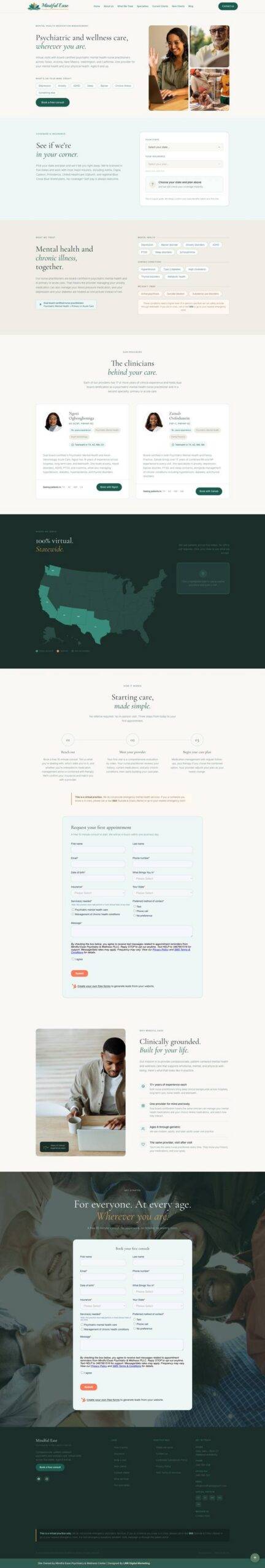 Mindful Ease psychiatric and wellness care website homepage