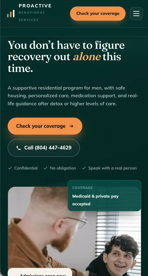 Mobile website for Proactive Behavioral Services, a residential recovery program for men, showing check-your-coverage and call buttons